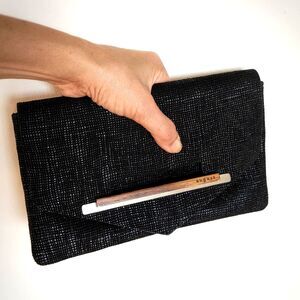 BR August Handbags "Sam Remo" Black Metallic Embossed Leather Evening Clutch